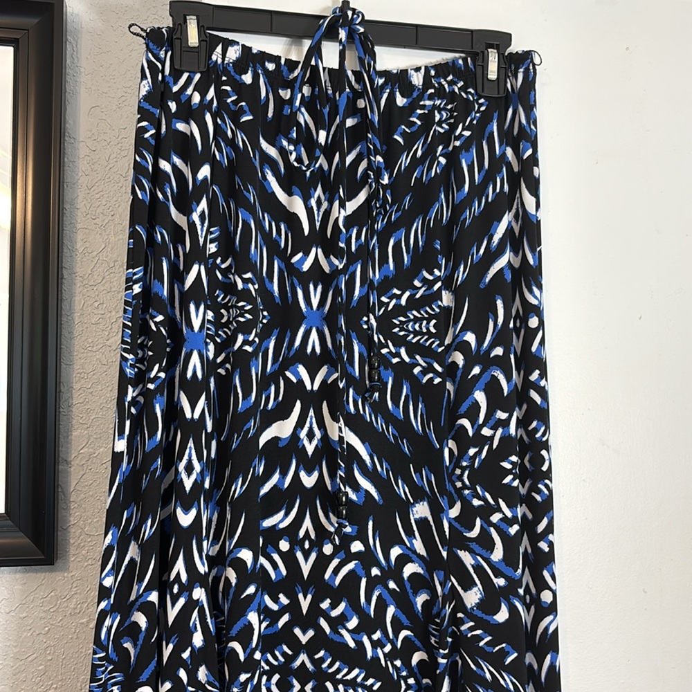 JM Collection Black, Blue and White Belted Midi Skirt - Picture 2 of 2
